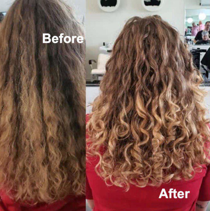 Long dry frizzy curly hair before and after