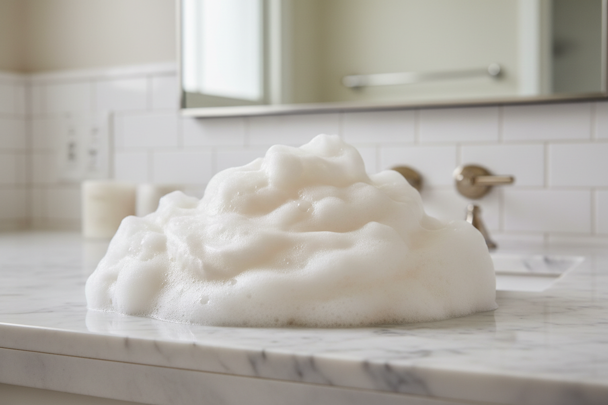 show luxury shampoo on bathroom top with rich foam no bottles